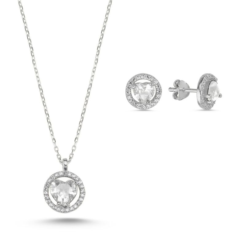 Kalp Zirkon Taşlı Halo Tektaş 925 Ayar Gümüş Set