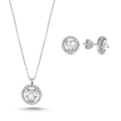 Kalp Zirkon Taşlı Halo Tektaş 925 Ayar Gümüş Set