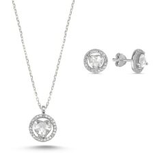 Kalp Zirkon Taşlı Halo Tektaş 925 Ayar Gümüş Set