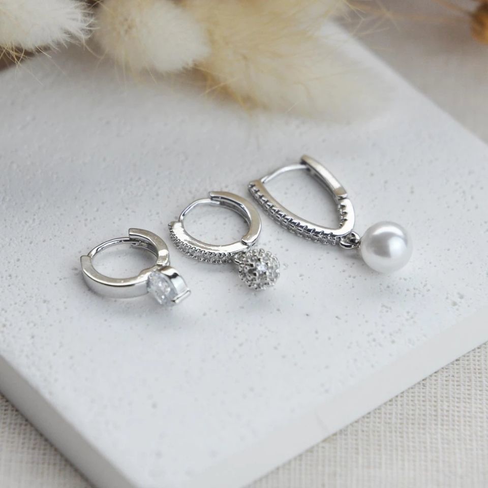 Silver Zirkon Topçuk Ve İnci Sallantılı Tektaş Detay Çoklu Glory Küpe