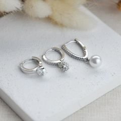 Silver Zirkon Topçuk Ve İnci Sallantılı Tektaş Detay Çoklu Glory Küpe